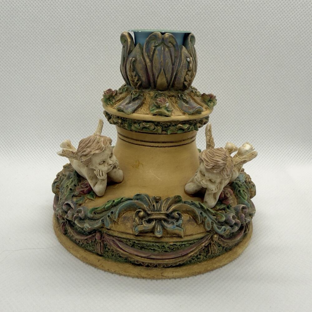 Cherub Angel Victorian Style Decorative Painted Floral Candle Holder 1995 4”